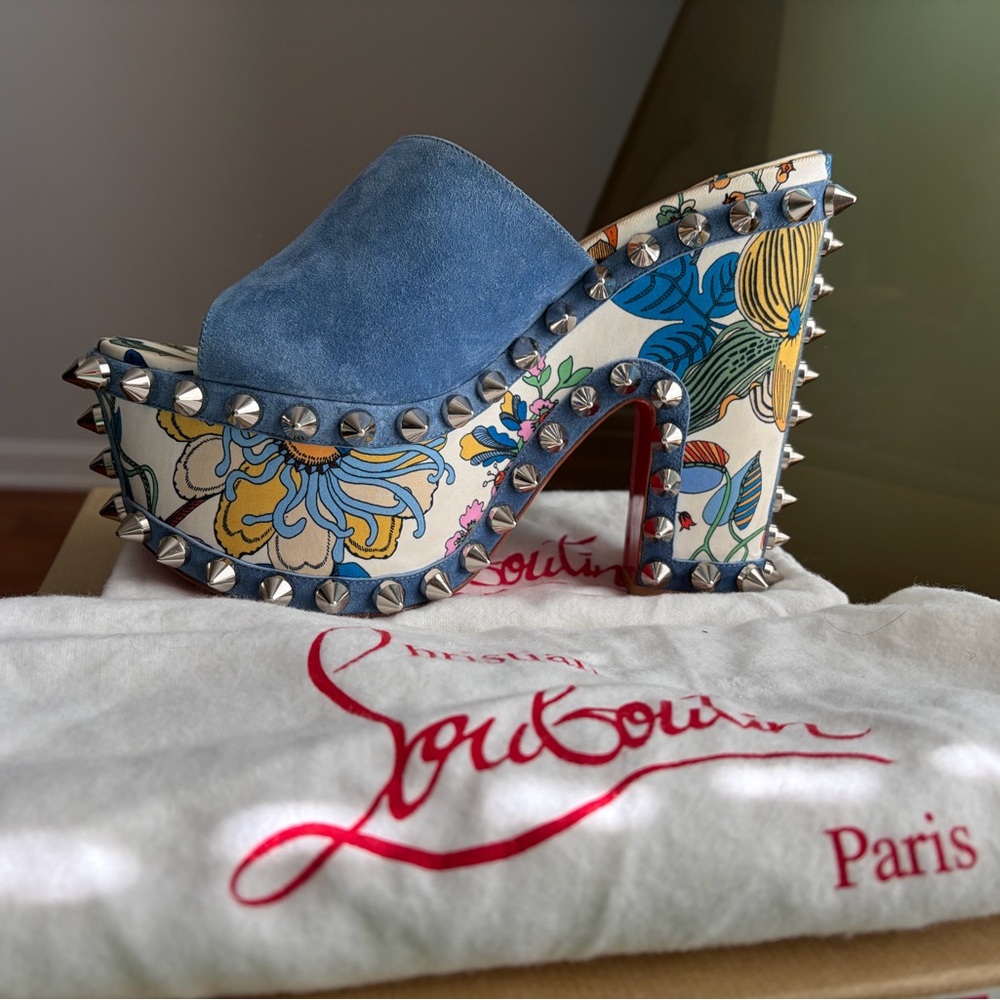 Christian Louboutin Blue Suede Floral Studded Platform Heels